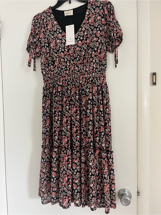 Ember Dresses & Skirts - Ember Women’s Small Black Floral Tiered Dress with Pink and White Blossoms
